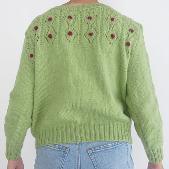Vintage Hand Knit Lime Green Argyle Crochet PomPom Scoop Neck Sweater Small - Picture 3 of 11